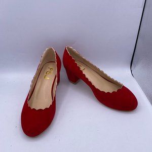 FSJ Red Round Toe Chunky Heels Pump Shoes Casual